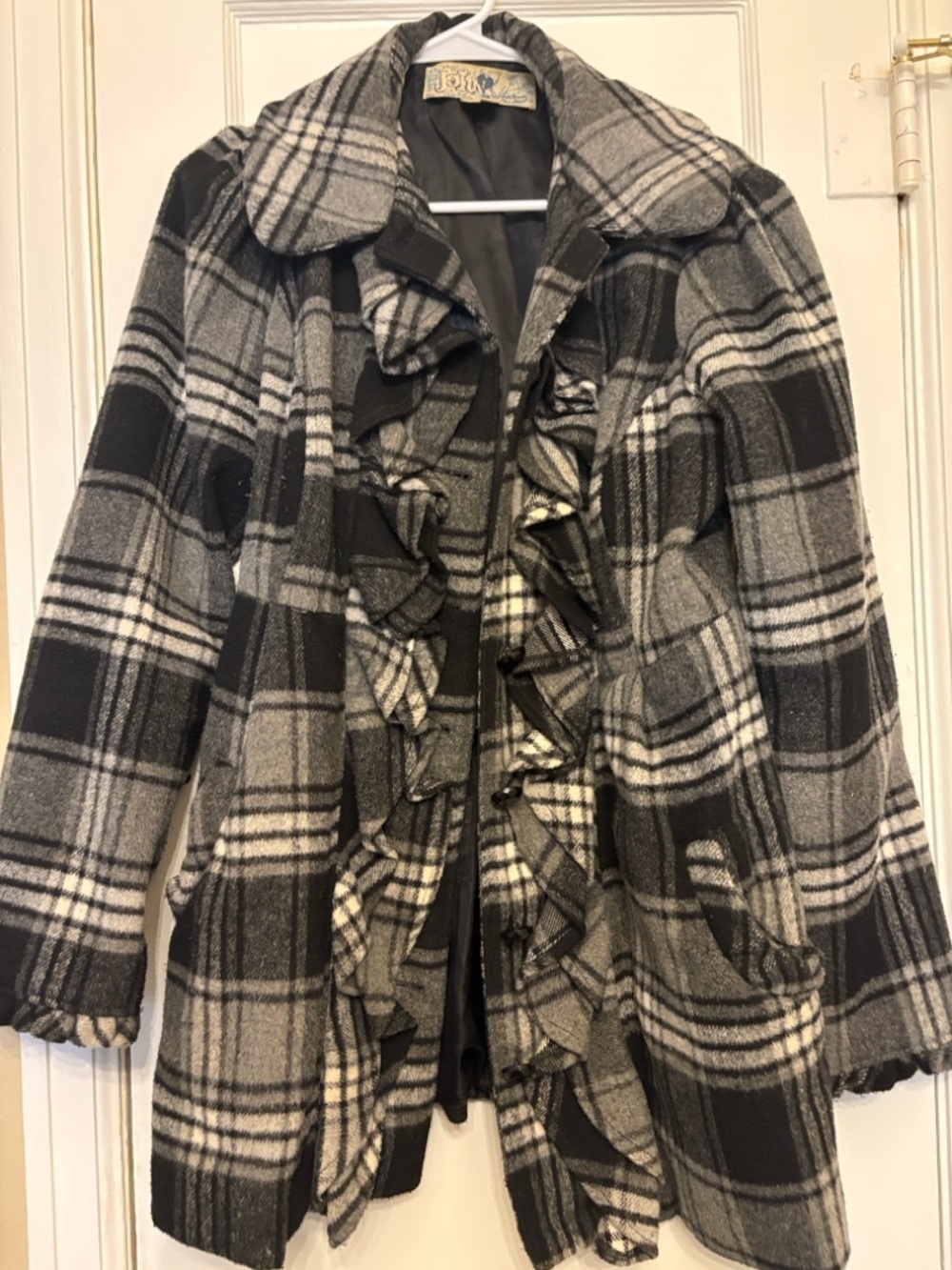 Ruffle-Front Plaid Pea Coat - Black & Gray